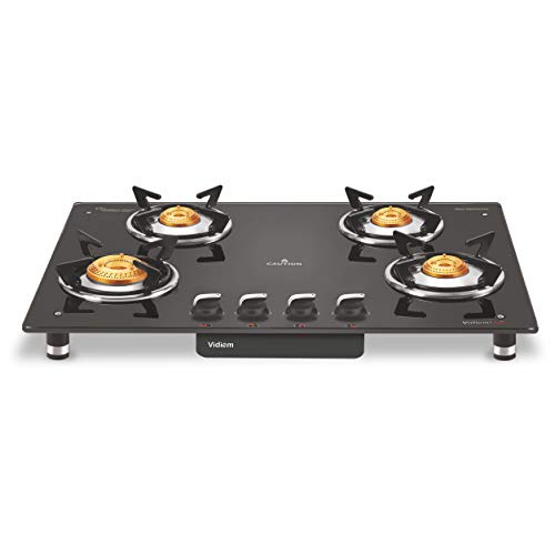 Vidiem Gas Stove AIR (Black with Silver) | 4 Burner Gas Stove | Manual Ignition | 10mm Toughened Glass Top Gas Stove | High Efficiency | ISI Certified | 2 years warranty (4 Burner) - Image 1