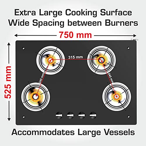 Vidiem Gas Stove AIR (Black with Silver) | 4 Burner Gas Stove | Manual Ignition | 10mm Toughened Glass Top Gas Stove | High Efficiency | ISI Certified | 2 years warranty (4 Burner) - Image 3