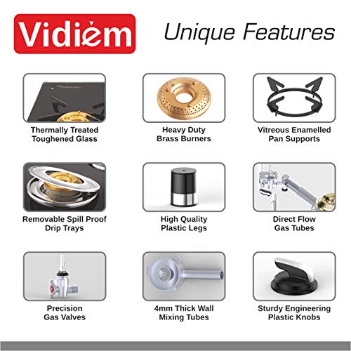 Vidiem Gas Stove AIR (Black with Silver) | 4 Burner Gas Stove | Manual Ignition | 10mm Toughened Glass Top Gas Stove | High Efficiency | ISI Certified | 2 years warranty (4 Burner) - Image 4