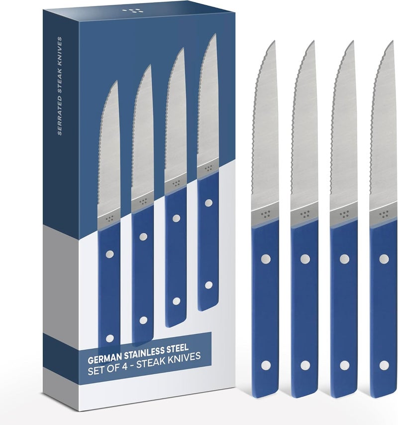 Steak Knives Set of 4 - Precision Serrated Blades for Effortless Dining - German Stainless Steel - Superior Cuts with Four Steak Knives - Comfortable, Sleek Handles - Blue