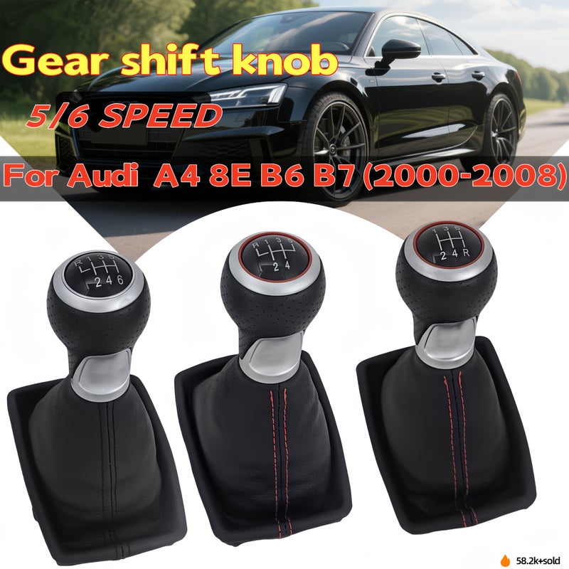 Red 6 Speed Upper Left Shift Knob And Boot Cover For Audi A4 B6 2000 To 2008 Manual Gear Stick Direct Fit Smooth Shifting Replacement Anti Slip Design - Image 1