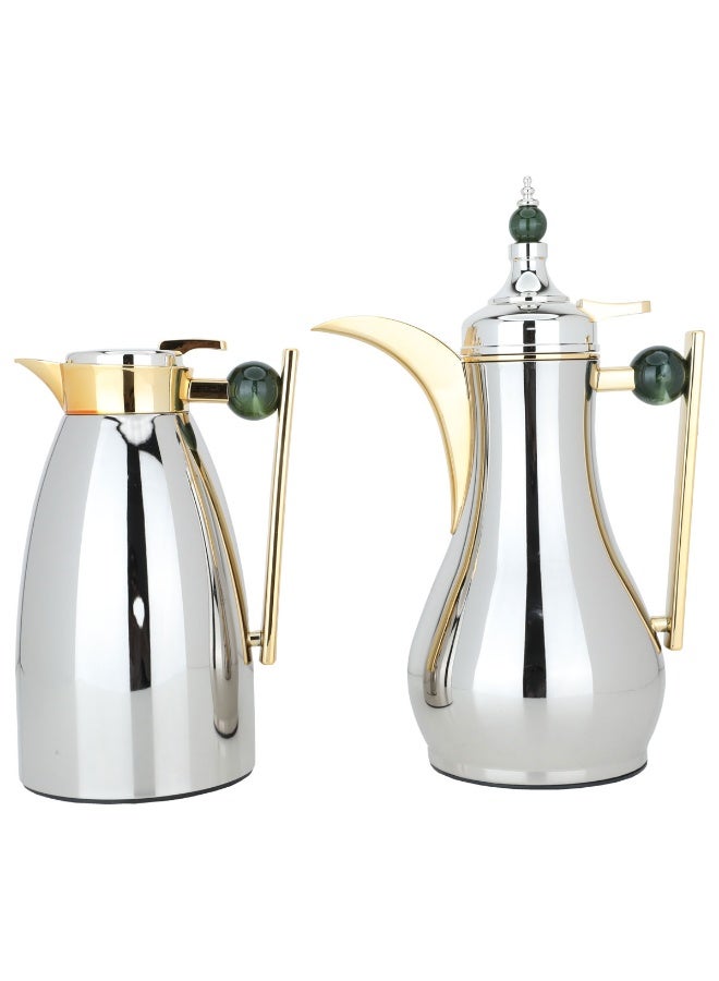 Alsaif Gallery Alaa Nickel Thermos Set With Gold Oil Marble Handle, 2 Pieces
