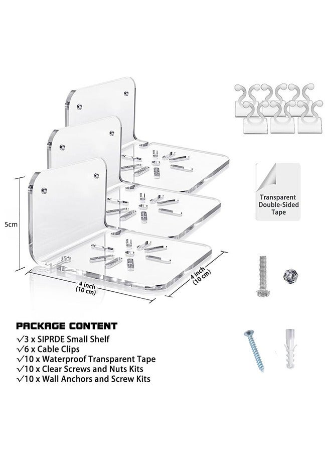 3 Pcs Acrylic Floating Wall Shelves, with Cable Clips & Strong Tapes & Screws, No Drill Universal Small Wall Shelf, Universal Adhesive Shelf Easy to Install, 10*10*5CM  - Image 2