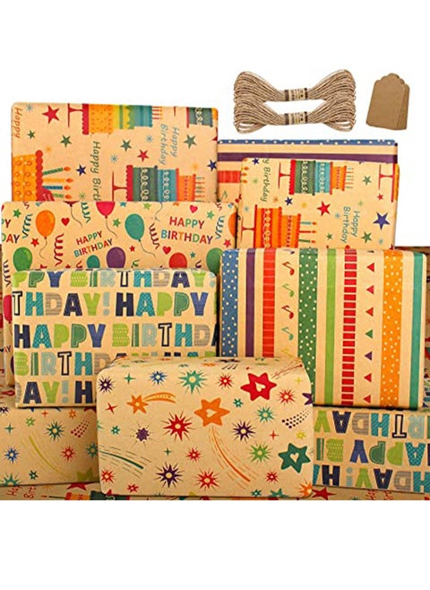 6 Sheets Unusual Happy Birthday Wrapping Paper Sheets with FREE 8 Pcs Gift Tags with FREE 2 Rolls Wrapping Paper Birthday Wrapping Paper Sheets-Recyclable Gift Wrapping Paper Set