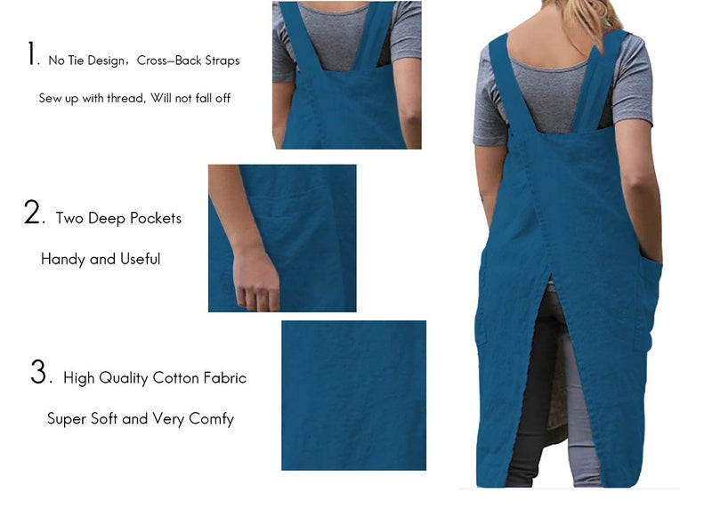 WROLEM Women's Cross Back Pinafore Apron with Large Pockets Home Kitchen, Restaurant, Coffee house,Cooking Gardening Works - Image 3