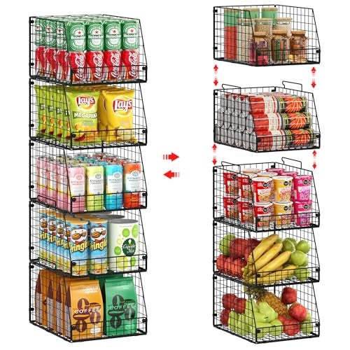 Jakyitvi 5 Pack XXL Stackable Wire Storage Basket, Extra Large Capacity Pantry Organizer and Storage, Muti-Purpose for Fruit Vegetable Basket & Toy Bin & Snack Organizer - Image 1
