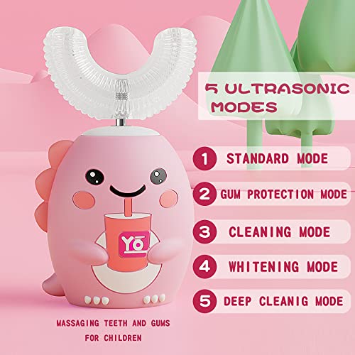 DYCROL Kids U Shaped Electric Toothbrush with 4 Brush Heads, Sonic Toothbrush Kids with 5 Modes, Cartoon Dinosaur 360-Degree Cleaning IPX7 Waterproof Design (6-12 Age (Pink)) - Image 2
