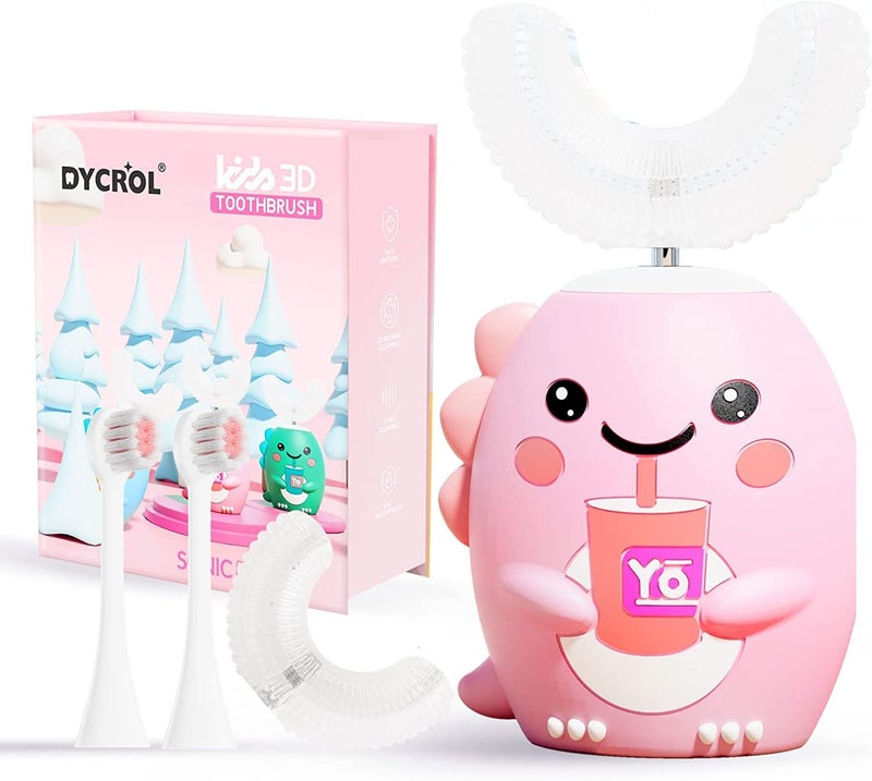 DYCROL Kids U Shaped Electric Toothbrush with 4 Brush Heads, Sonic Toothbrush Kids with 5 Modes, Cartoon Dinosaur 360-Degree Cleaning IPX7 Waterproof Design (6-12 Age (Pink)) - Image 1