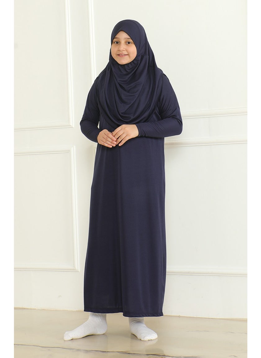 Sefa Merve - One Piece Practical Child Prayer Dress with Headscarf 1985-07 Navy Blue - Image 1