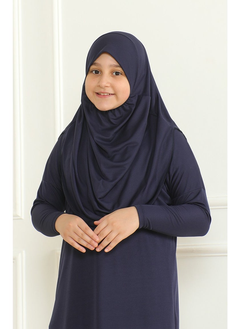 Sefa Merve - One Piece Practical Child Prayer Dress with Headscarf 1985-07 Navy Blue - Image 1