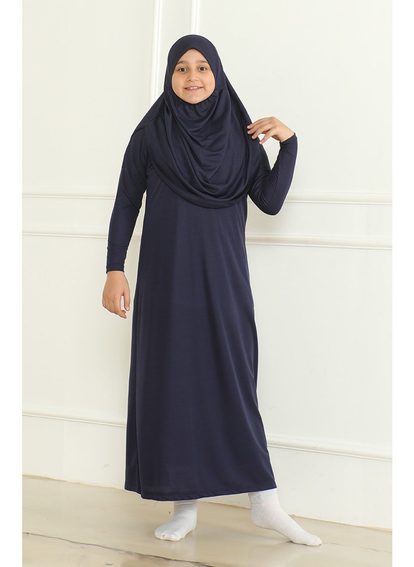 Sefa Merve - One Piece Practical Child Prayer Dress with Headscarf 1985-07 Navy Blue - Image 1