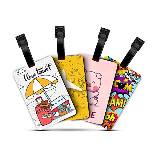 Ultra 3D Luggage/Bag/Travel ID Label Tags for Suitcase & School Bags Set of 4 - I Love Travel + Travel Time + Funny Piggy Yoga + Comics, 4 Labels - Image 1