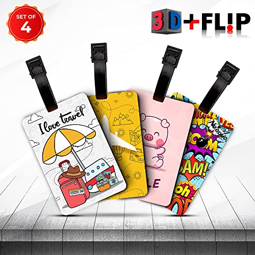 Ultra 3D Luggage/Bag/Travel ID Label Tags for Suitcase & School Bags Set of 4 - I Love Travel + Travel Time + Funny Piggy Yoga + Comics, 4 Labels - Image 3