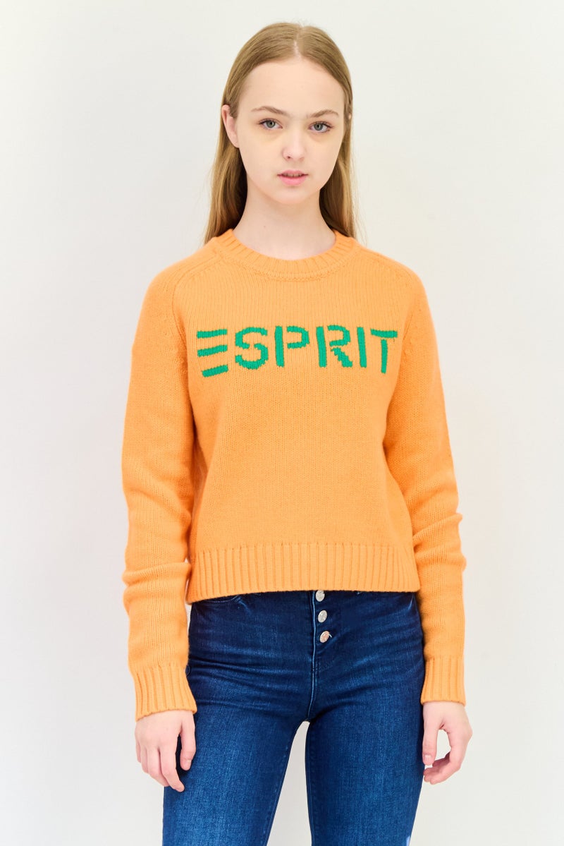 ESPRIT Women Ribbed Collar Brand Logo Sweater, Orange - Image 1