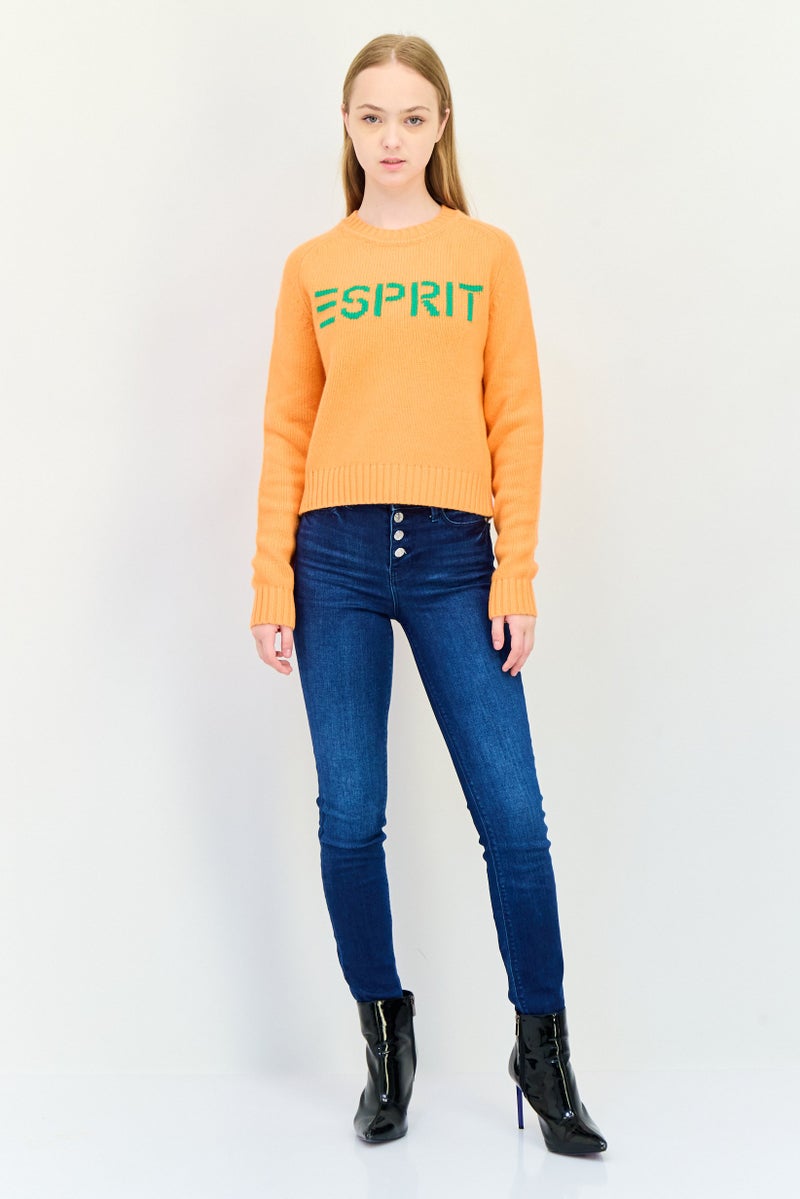 ESPRIT Women Ribbed Collar Brand Logo Sweater, Orange - Image 2