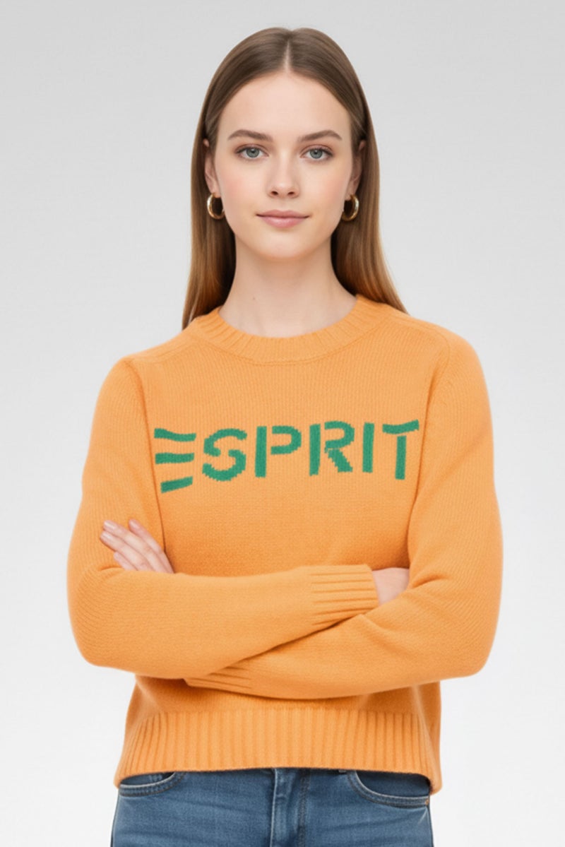 ESPRIT سويت شيرت نسائي بياقة مضلعة بشعار العلامة التجارية، برتقالي - Image 3