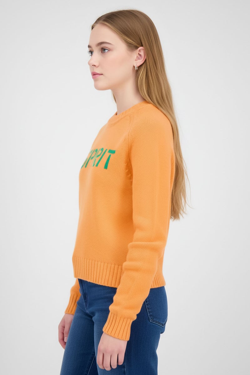 ESPRIT سويت شيرت نسائي بياقة مضلعة بشعار العلامة التجارية، برتقالي - Image 4