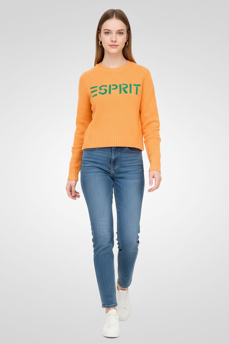 ESPRIT سويت شيرت نسائي بياقة مضلعة بشعار العلامة التجارية، برتقالي - Image 1