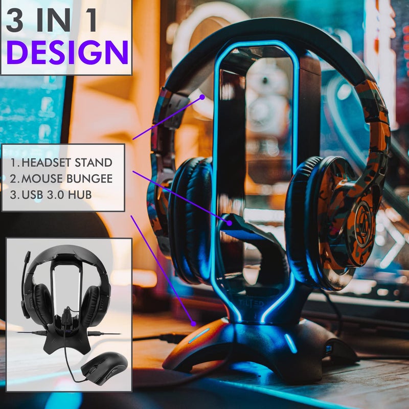 Tilted Nation RGB Headset Stand and Gaming Headphone Stand for Desk Display with Mouse Bungee Cord Holder with USB 3.0 Hub for Xbox, PS5, PC - Perfect Gaming Accessories Gift - Image 2