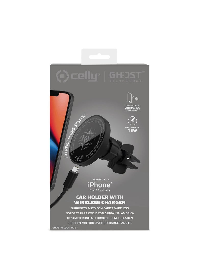 Celly - Magnetic Wireless Car Charger Mount, Stick on Dashboard for MagSafe iPhone 15/14/14 Pro/Max/13/12 Pro Max Samsung MagSafe Car Mount, Fast Charging Auto-Alignment Air Vent Phone Holder - Image 1