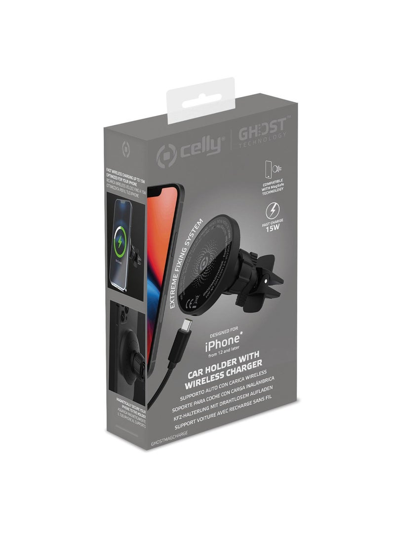 Celly - Magnetic Wireless Car Charger Mount, Stick on Dashboard for MagSafe iPhone 15/14/14 Pro/Max/13/12 Pro Max Samsung MagSafe Car Mount, Fast Charging Auto-Alignment Air Vent Phone Holder - Image 1