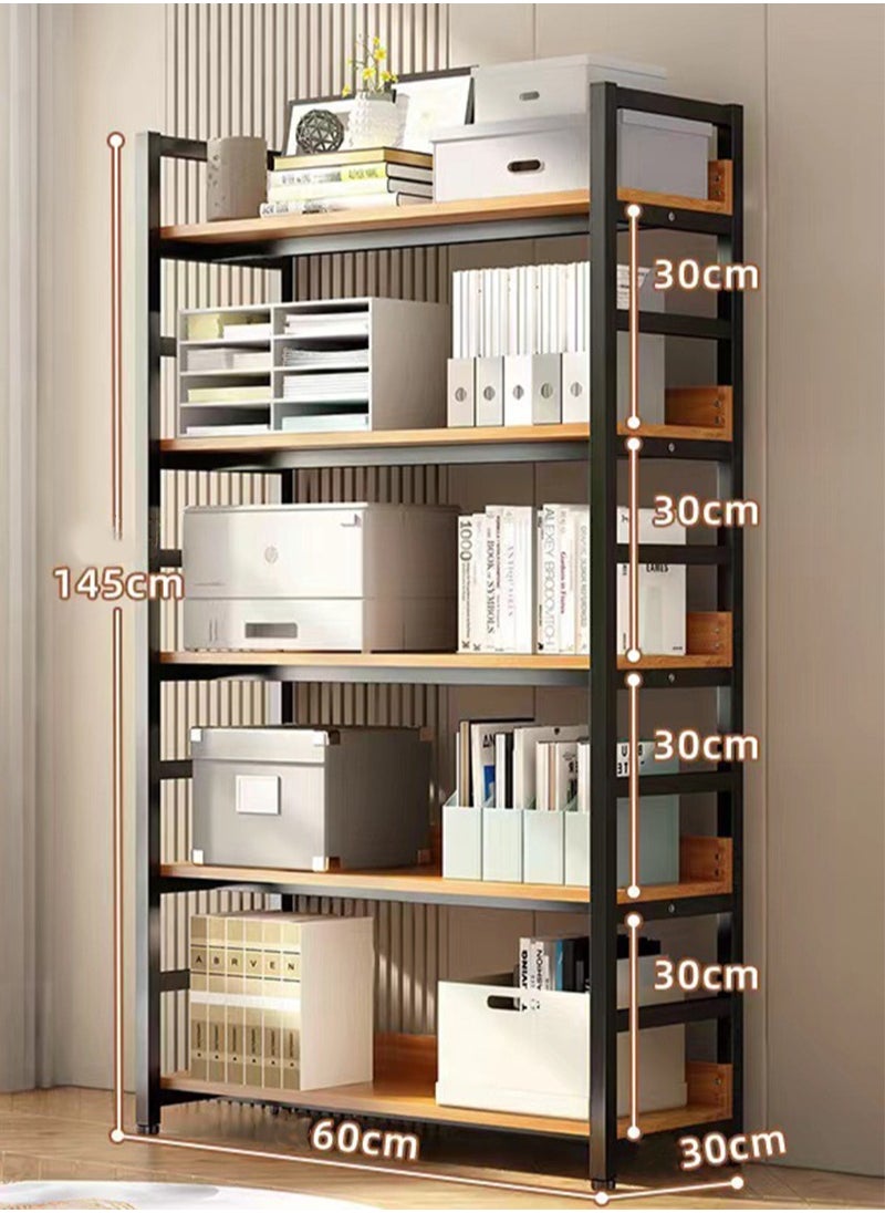 يواوليتي - ارفف كتب، رف كتب مكونة من 5 طبقات، رفوف كتب طويلة 57 بوصة، رفوف تخزين خشبية ومعدنية سوداء ريفية منظم تخزين خشبي ومعدني، وحدة للمنزل، المكتب وغرفة المعيشة - Image 1