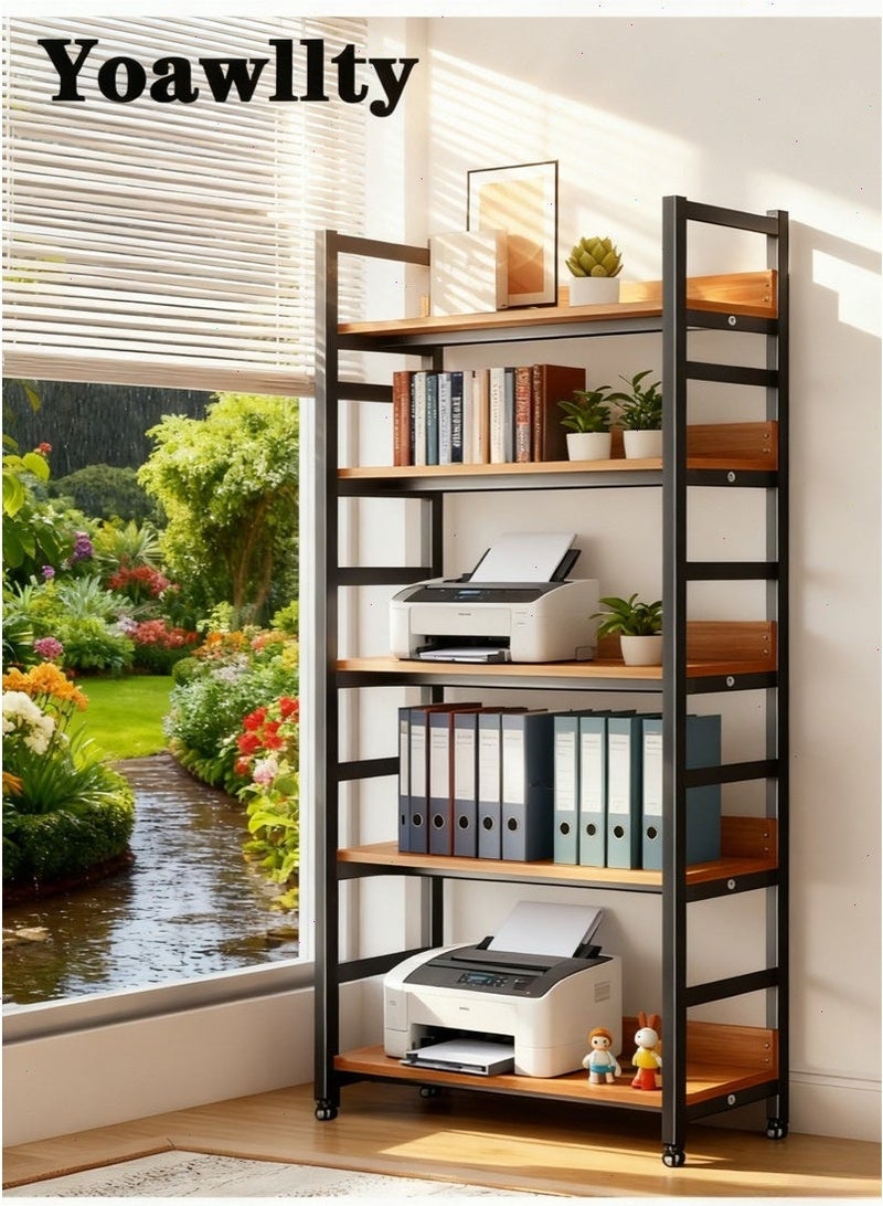 يواوليتي ارفف كتب 5 طبقات، خزانة كتب، رف تخزين للكتب، رف كتب القامة 57 بوصة، رفوف كتب خشبية ومعدنية ريفية للمنزل، المكتب وغرفة المعيشة (أسود) - Image 1