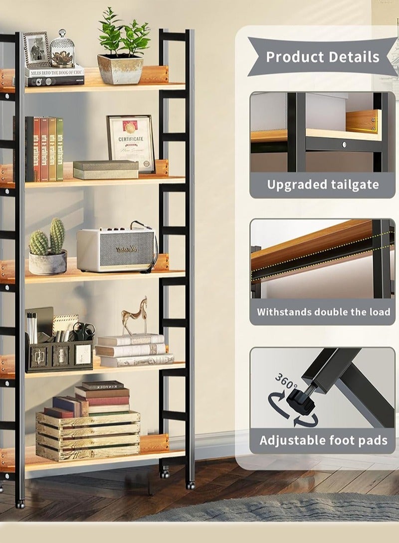 يواوليتي ارفف كتب 5 طبقات، خزانة كتب، رف تخزين للكتب، رف كتب القامة 57 بوصة، رفوف كتب خشبية ومعدنية ريفية للمنزل، المكتب وغرفة المعيشة (أسود) - Image 3