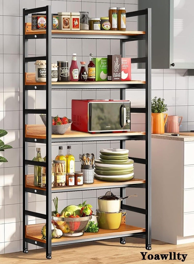 يواوليتي ارفف كتب 5 طبقات، خزانة كتب، رف تخزين للكتب، رف كتب القامة 57 بوصة، رفوف كتب خشبية ومعدنية ريفية للمنزل، المكتب وغرفة المعيشة (أسود) - Image 4
