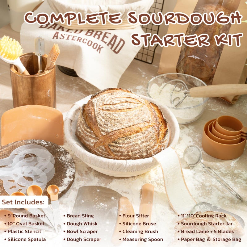 Astercook Sourdough Starter Kit with Round & Oval Banneton Bread Proofing Basket, Bread Sling, Starter Jar, Dough Whisk, Scrapers, Stencils, Cooling Rack & Bag Complete Sourdough Bread Baking Supplies - Image 2