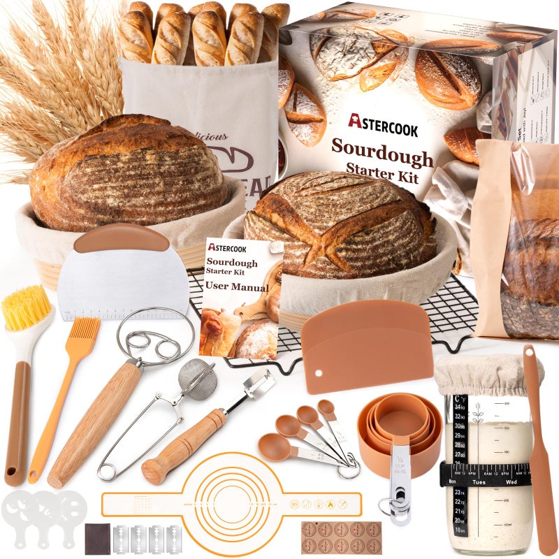 Astercook Sourdough Starter Kit with Round & Oval Banneton Bread Proofing Basket, Bread Sling, Starter Jar, Dough Whisk, Scrapers, Stencils, Cooling Rack & Bag Complete Sourdough Bread Baking Supplies - Image 1