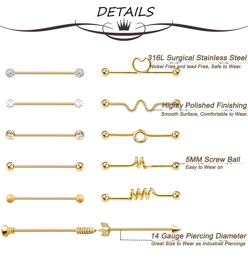Masedy 12Pcs 14G 316L Stainless Steel Industrial Barbell Earrings for Women Men Cartilage Helix Piercing Gold - Image 3