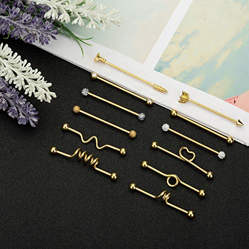Masedy 12Pcs 14G 316L Stainless Steel Industrial Barbell Earrings for Women Men Cartilage Helix Piercing Gold - Image 5
