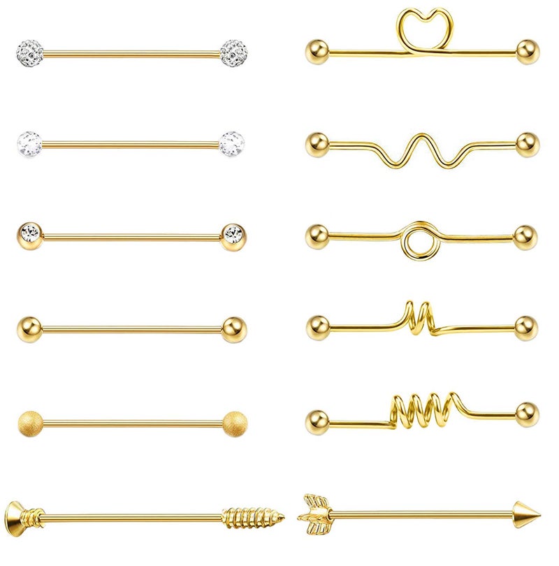 Masedy 12Pcs 14G 316L Stainless Steel Industrial Barbell Earrings for Women Men Cartilage Helix Piercing Gold - Image 1