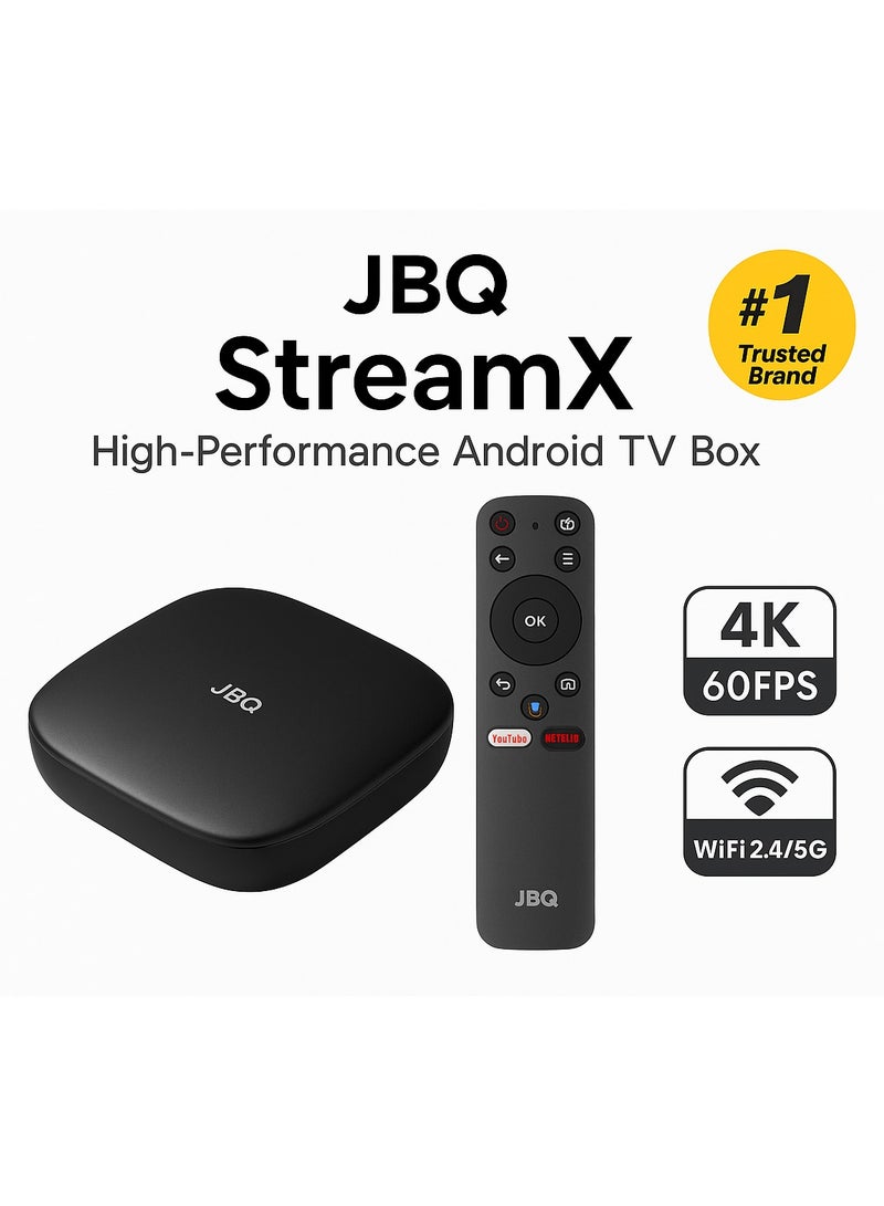 JBQ StreamX High-Performance Android TV Box | 4K Ultra HD | 2GB RAM 16GB ROM | WiFi 2.4G/5G | Netflix, YouTube, Prime Video