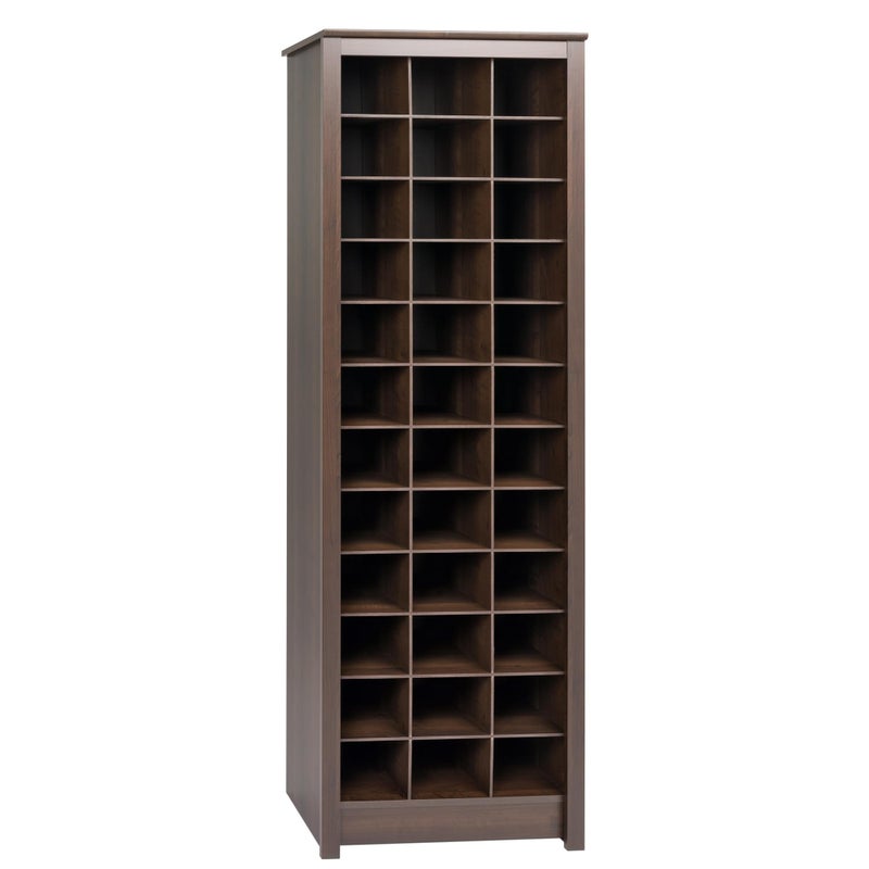 Prepac Elegant Brown Shoe Storage Cabinet SpaceSaving Solution with Cubbies for 36 Pairs 13D x 235 W x 725 H