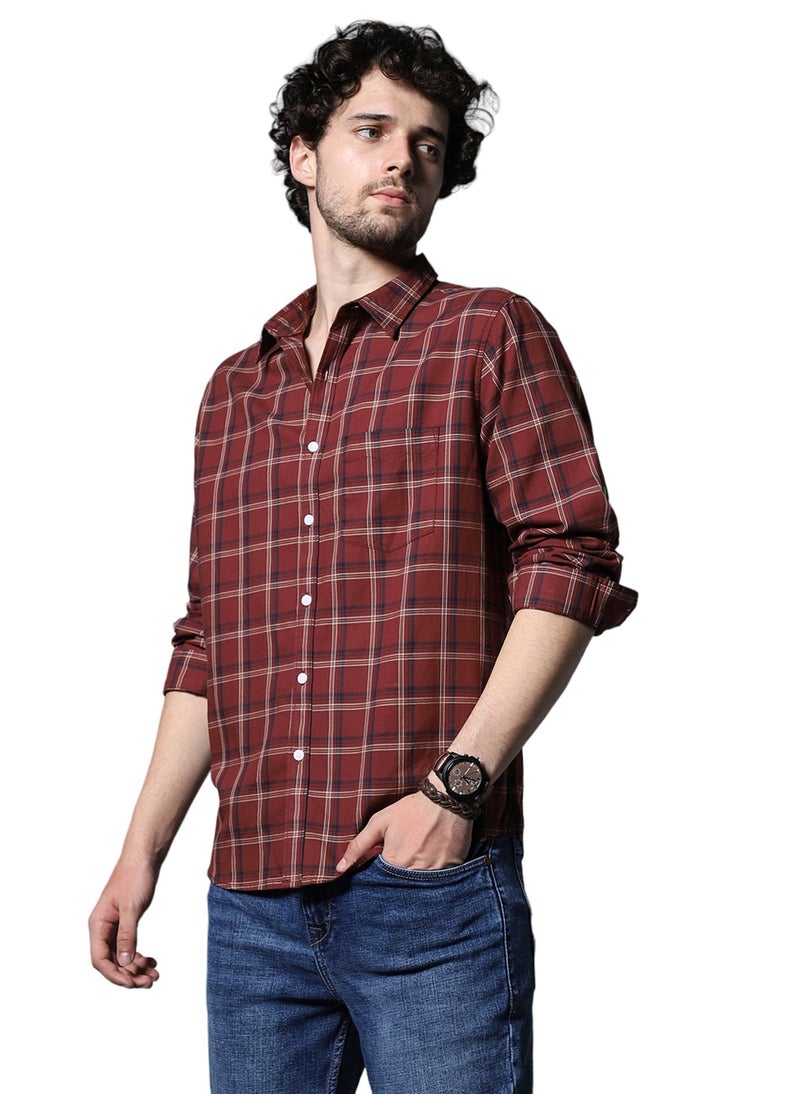 Regular Fit Maroon Checked Shirt for Men with Tartan Pattern