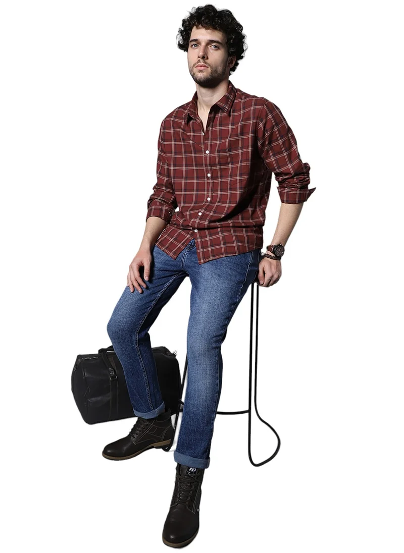 HIGH STAR Regular Fit Maroon Checked Shirt for Men with Tartan Pattern