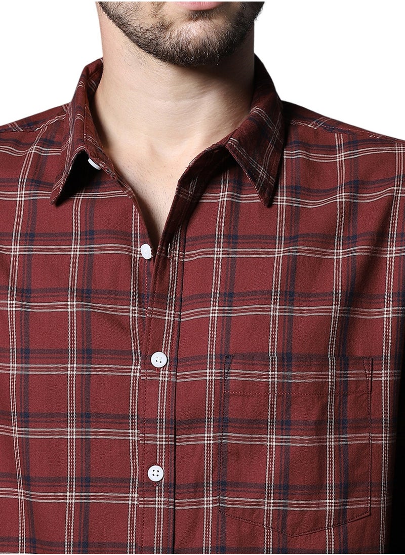 Regular Fit Maroon Checked Shirt for Men with Tartan Pattern