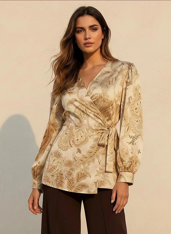 ايكونيك Iconic Relaxed Fit Wrap Top with Floral Print