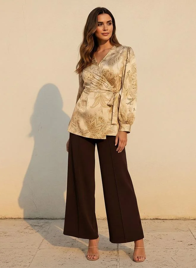Iconic Beige Iconic Relaxed Fit Wrap Top with Floral Print for Women | Best Price UAE