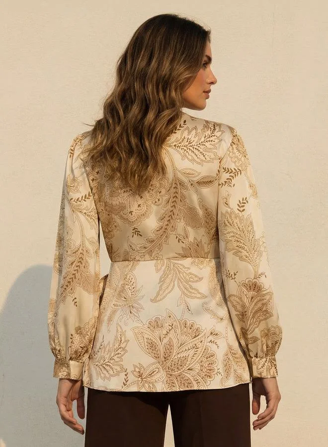 Iconic Beige Iconic Relaxed Fit Wrap Top with Floral Print for Women | Best Price UAE