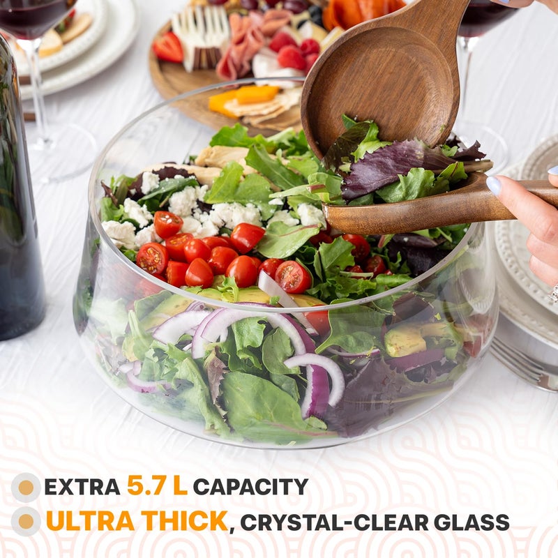 Oria Cook Large Glass Salad Bowl with Lid Set, 5.7 L Decorative Glass Mixing Bowl, Trifle and Serving Bowls with Lids as Cheese Charcuterie Board and Plate, Comes with Wood Serving Utensils - Image 3