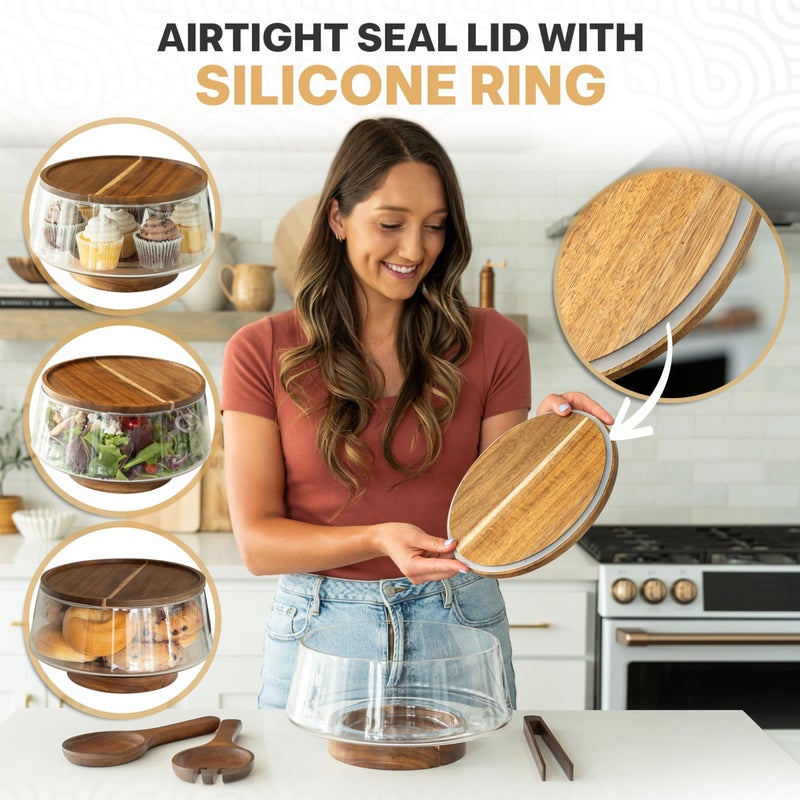 Oria Cook Large Glass Salad Bowl with Lid Set, 5.7 L Decorative Glass Mixing Bowl, Trifle and Serving Bowls with Lids as Cheese Charcuterie Board and Plate, Comes with Wood Serving Utensils - Image 5