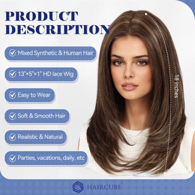 Haircube باروكة شعر إنسان HAIRCUBE باروكة أمامية من الدانتيل باروكات بدون لاصق شعر بطبقات بطول الكتف للنساء، بني مع خصلات شقراء، مزيج من شعر الإنسان، 13"×5"×1" دانتيل HD، 18 بوصة للاستخدام اليومي - Image 2
