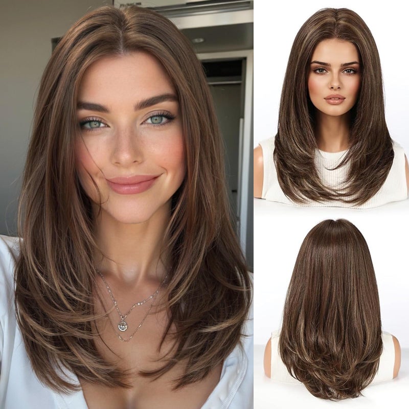 Haircube باروكة شعر إنسان HAIRCUBE باروكة أمامية من الدانتيل باروكات بدون لاصق شعر بطبقات بطول الكتف للنساء، بني مع خصلات شقراء، مزيج من شعر الإنسان، 13"×5"×1" دانتيل HD، 18 بوصة للاستخدام اليومي - Image 1