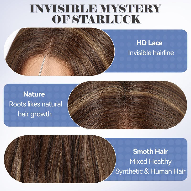 Haircube باروكة شعر إنسان HAIRCUBE باروكة أمامية من الدانتيل باروكات بدون لاصق شعر بطبقات بطول الكتف للنساء، بني مع خصلات شقراء، مزيج من شعر الإنسان، 13"×5"×1" دانتيل HD، 18 بوصة للاستخدام اليومي - Image 3