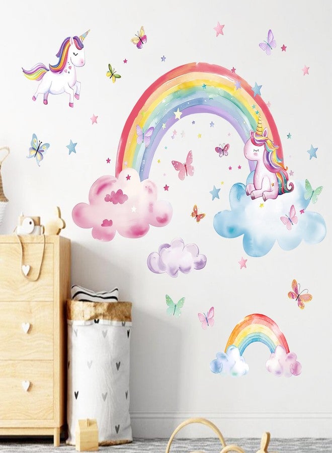 Mfault Watercolor Rainbow Unicorn Wall Decals Stickers, Clouds Butterfly Stars Nursery Decorations Baby Bedroom Art, Toddlers Kids Girls Boys Room Playroom Decor - Image 3