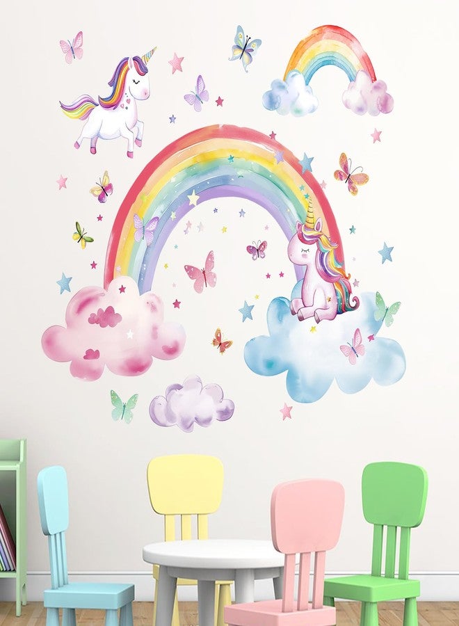 Mfault Watercolor Rainbow Unicorn Wall Decals Stickers, Clouds Butterfly Stars Nursery Decorations Baby Bedroom Art, Toddlers Kids Girls Boys Room Playroom Decor - Image 1