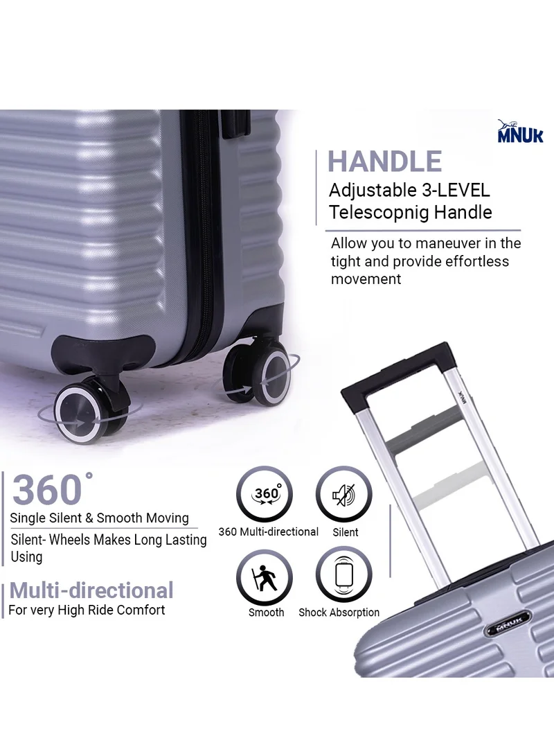 MNUK Destiny Set of 3 Luggage | Hardside Soft Handle Trolley with TSA Lock |Double 360° 4 Wheeler| Cabin-20 Inch, Medium- 24 Inch, Large-28 Inch| Silver